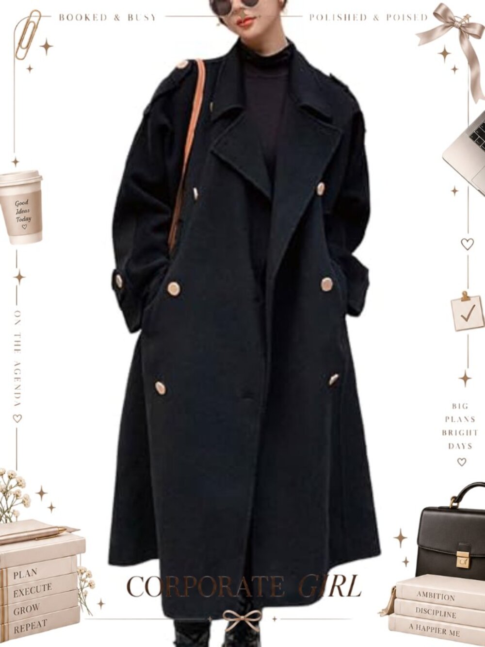 Women's Double Breasted Midi Wool Pea Coat Notch Lapel Winter